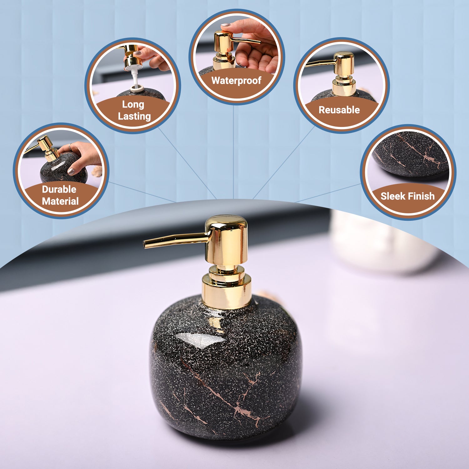 Ceramic Black Cylindrical Soap Dispenser - Glossy Finish