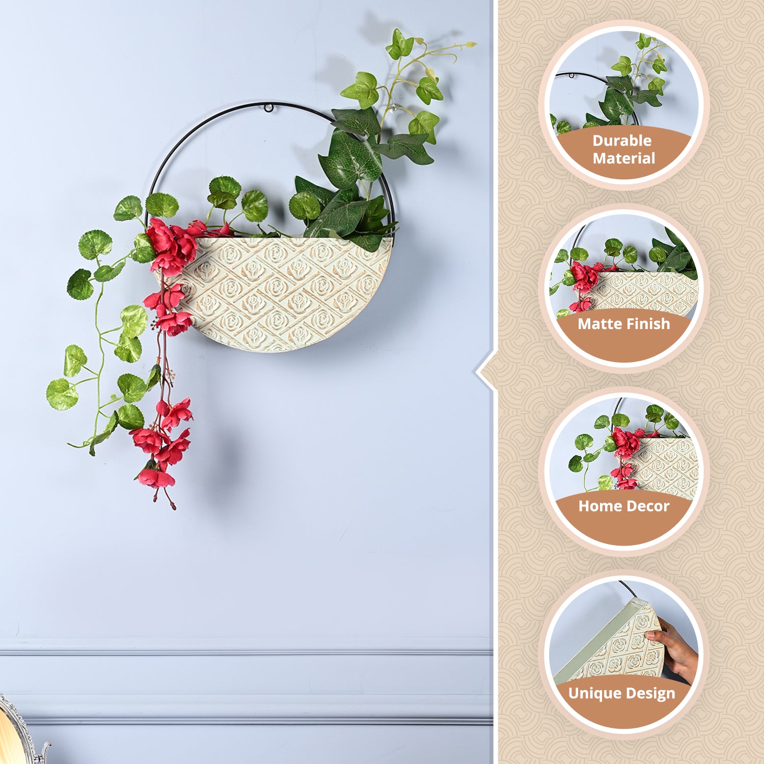 Large Wooden Hanging Planter – Light Green Embossed Design