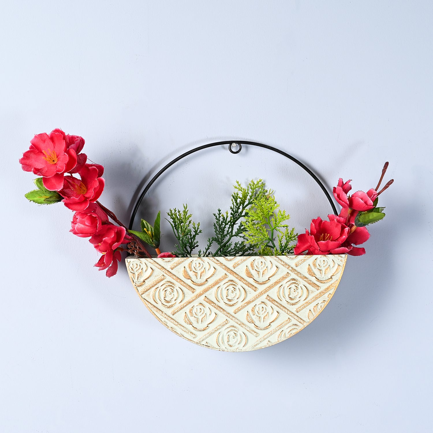 Small Wooden Hanging Planter – Light Green Embossed Design