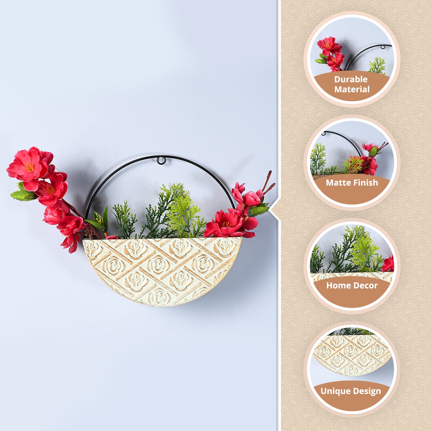Small Wooden Hanging Planter – Light Green Embossed Design