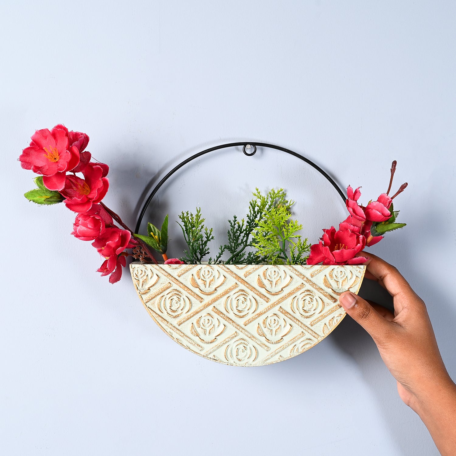 Small Wooden Hanging Planter – Light Green Embossed Design