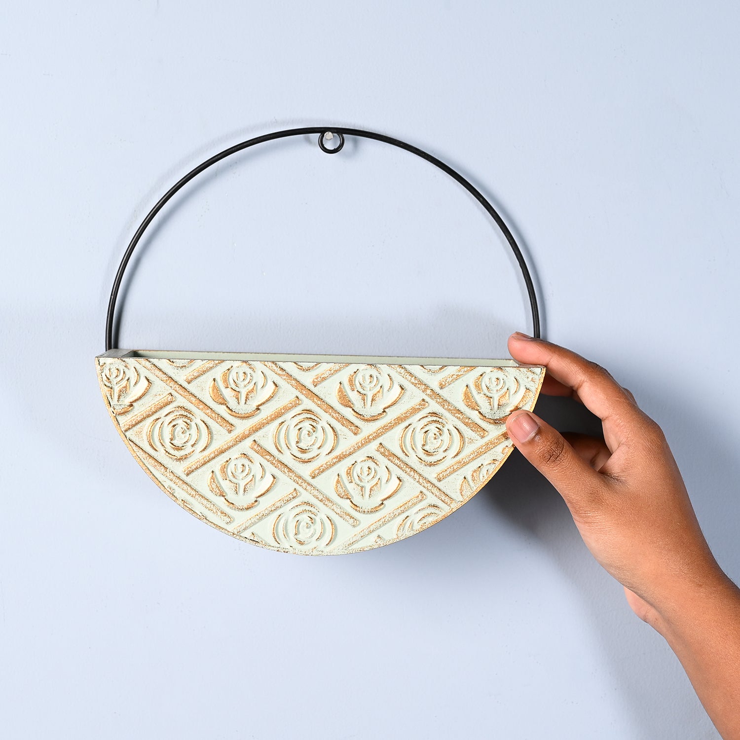 Small Wooden Hanging Planter – Light Green Embossed Design
