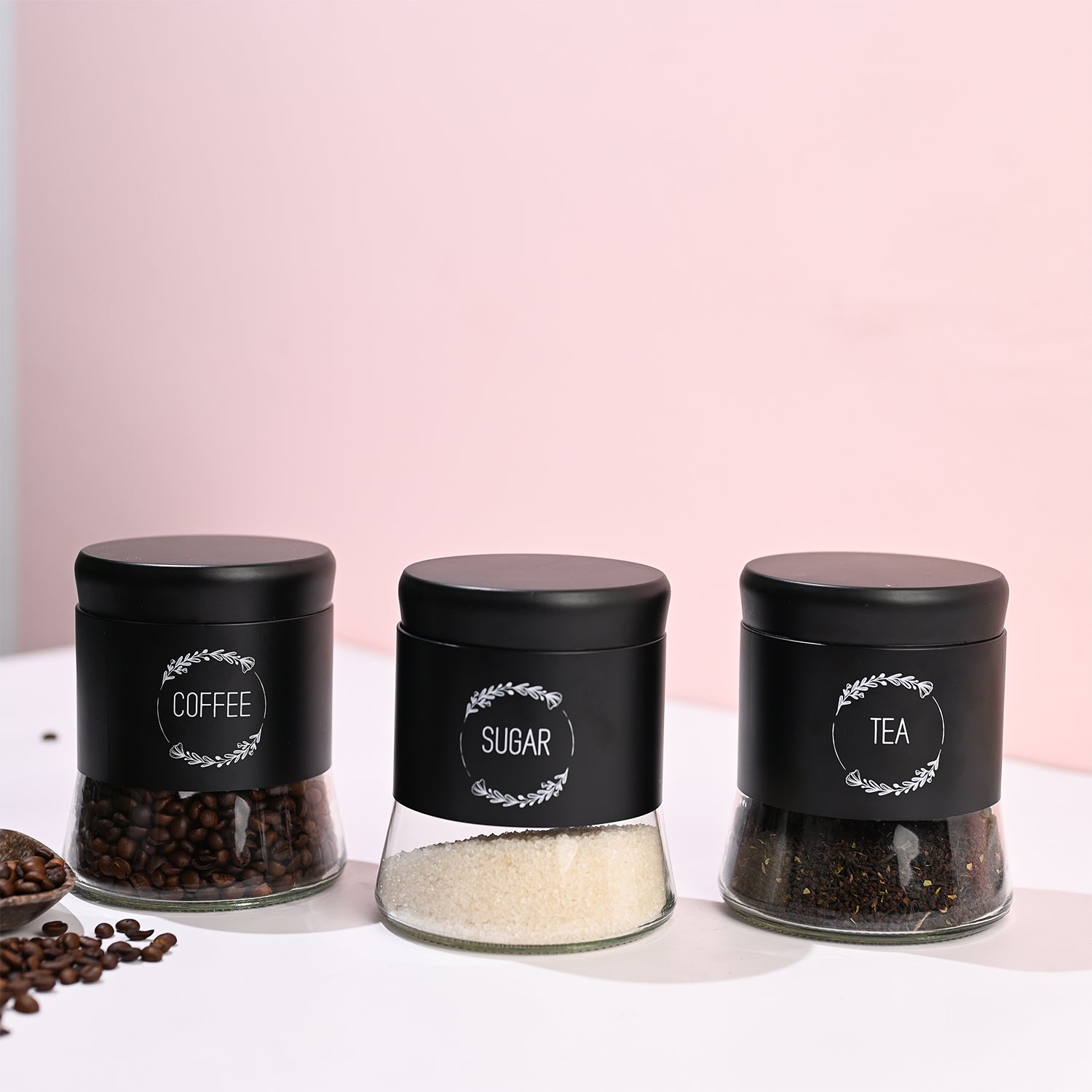 Black Coffee, Tea & Sugar Jar Set Of 3, Each 600mL