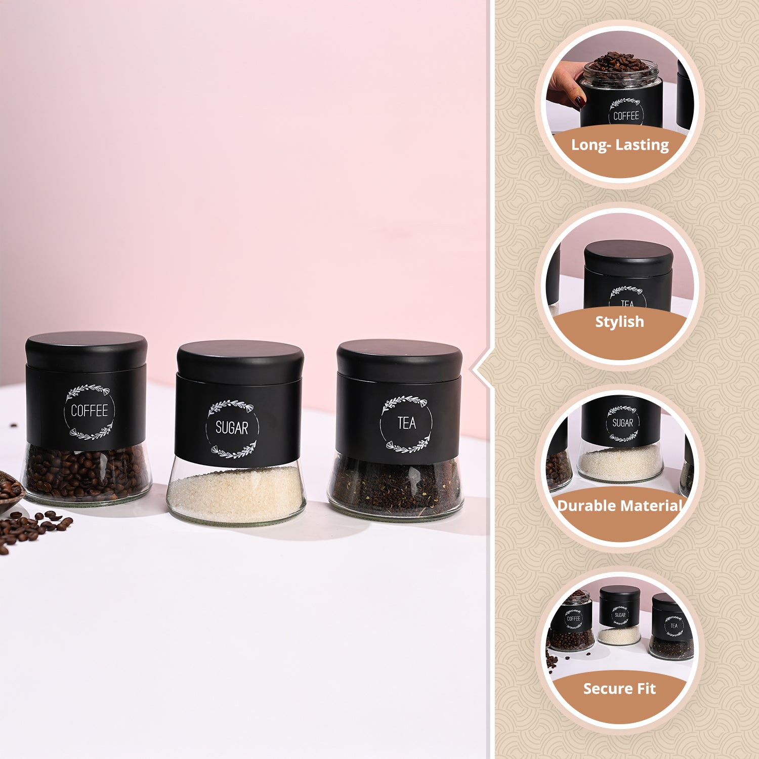 Black Coffee, Tea & Sugar Jar Set Of 3, Each 600mL