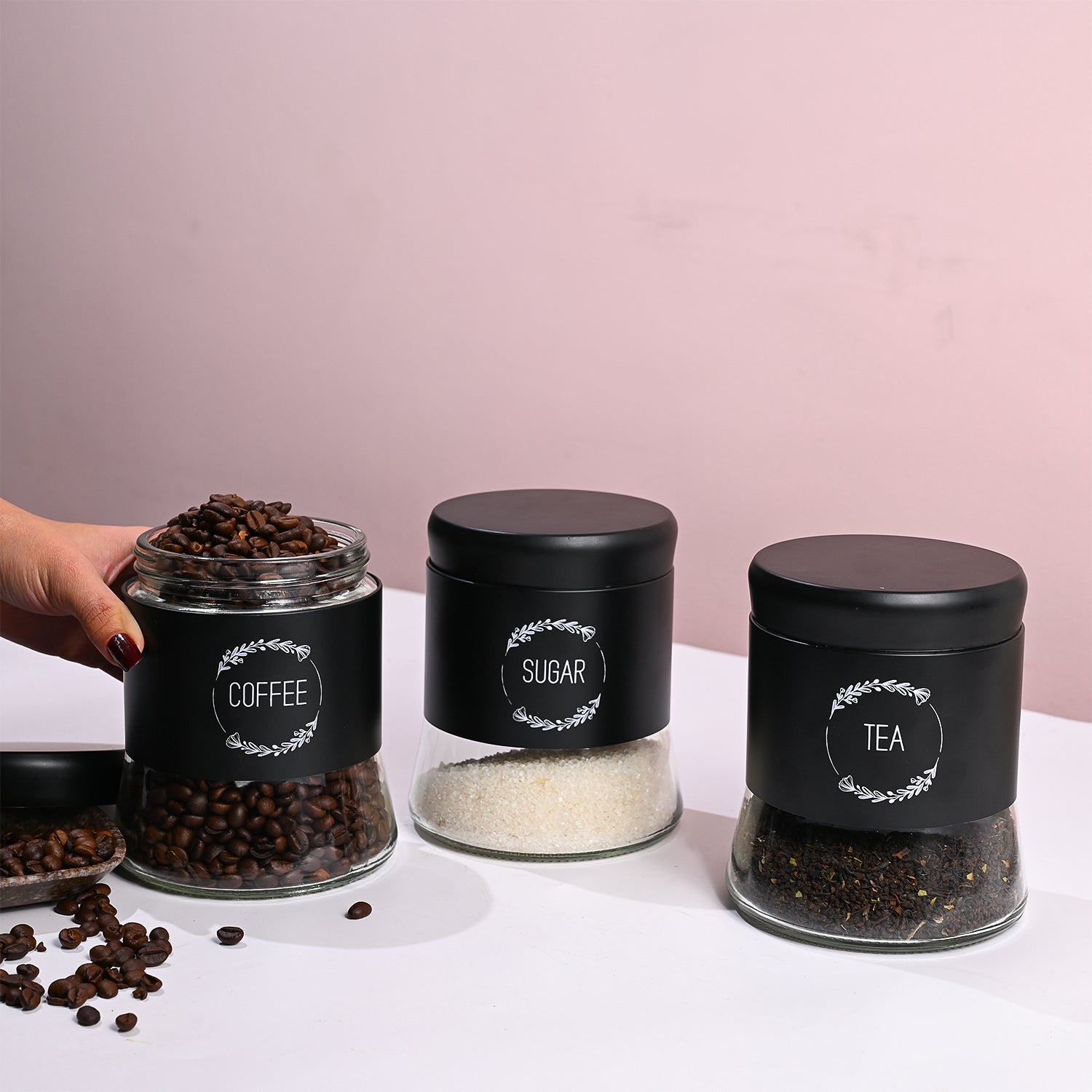 Black Coffee, Tea & Sugar Jar Set Of 3, Each 600mL