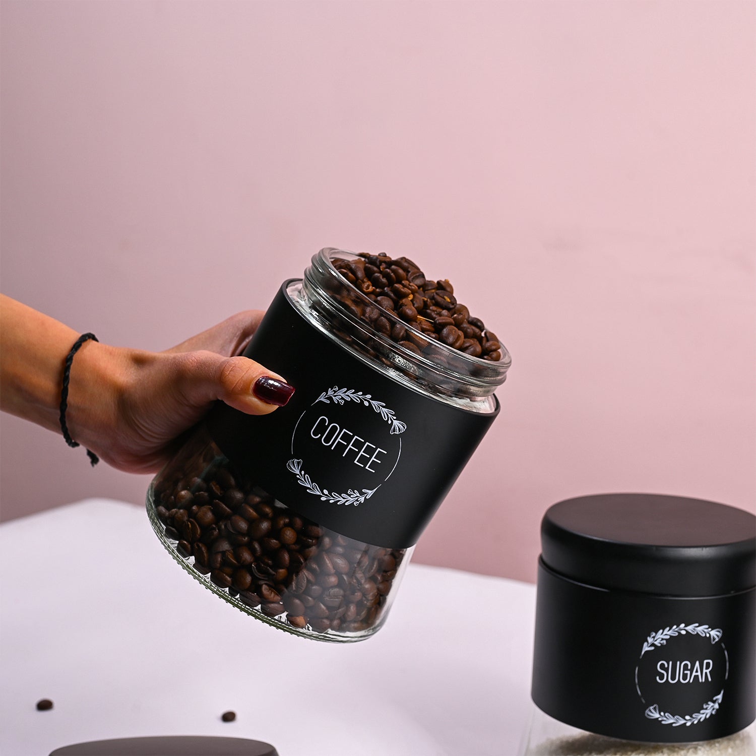 Black Coffee, Tea & Sugar Jar Set Of 3, Each 600mL
