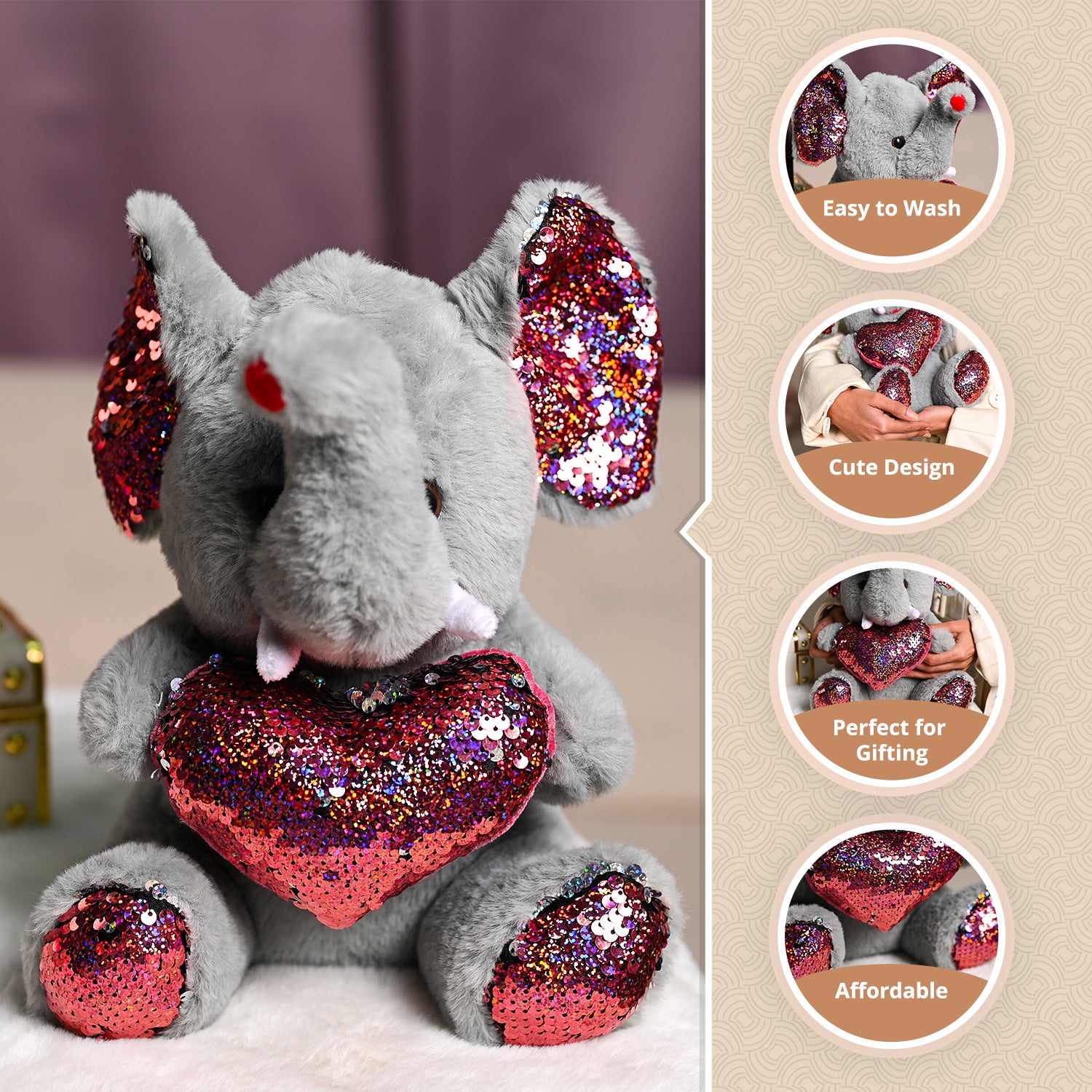 Plush Elephant Toy With Red Heart