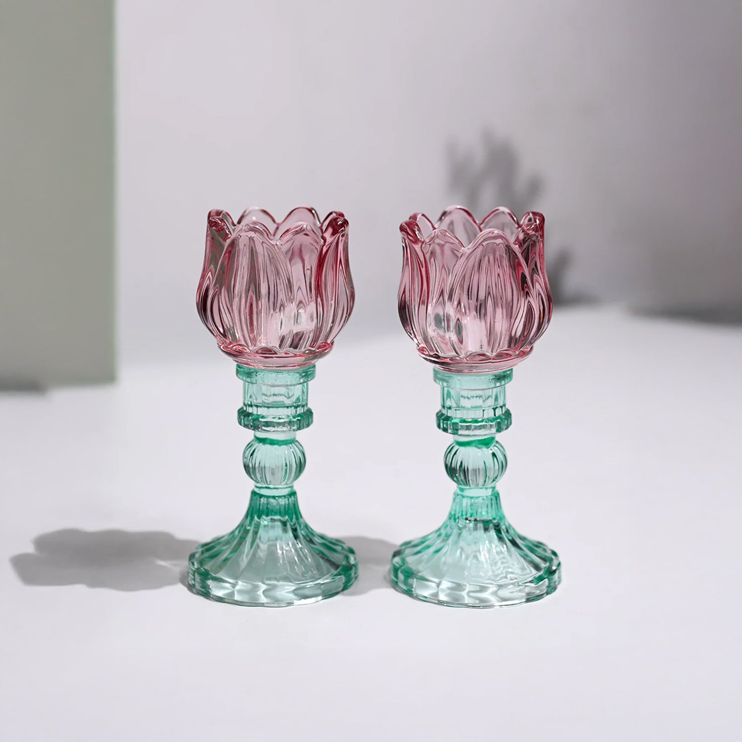 VON CASA Lotus Green & Pink Glass T-Light Holder – Set of 2