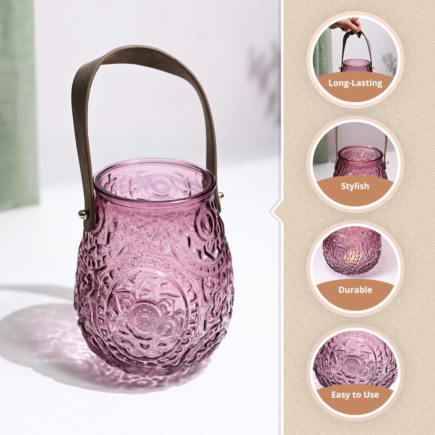 VON CASA Purple Cylindrical Glass T-Light Holder