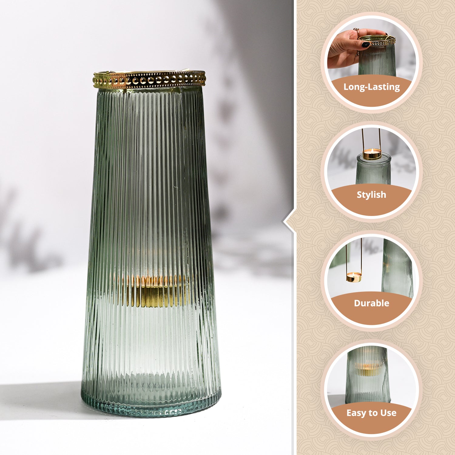 VON CASA Teal & Green Cone Glass T-Light Holder
