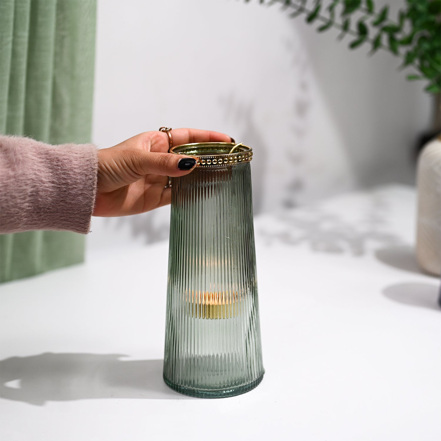 VON CASA Teal & Green Cone Glass T-Light Holder
