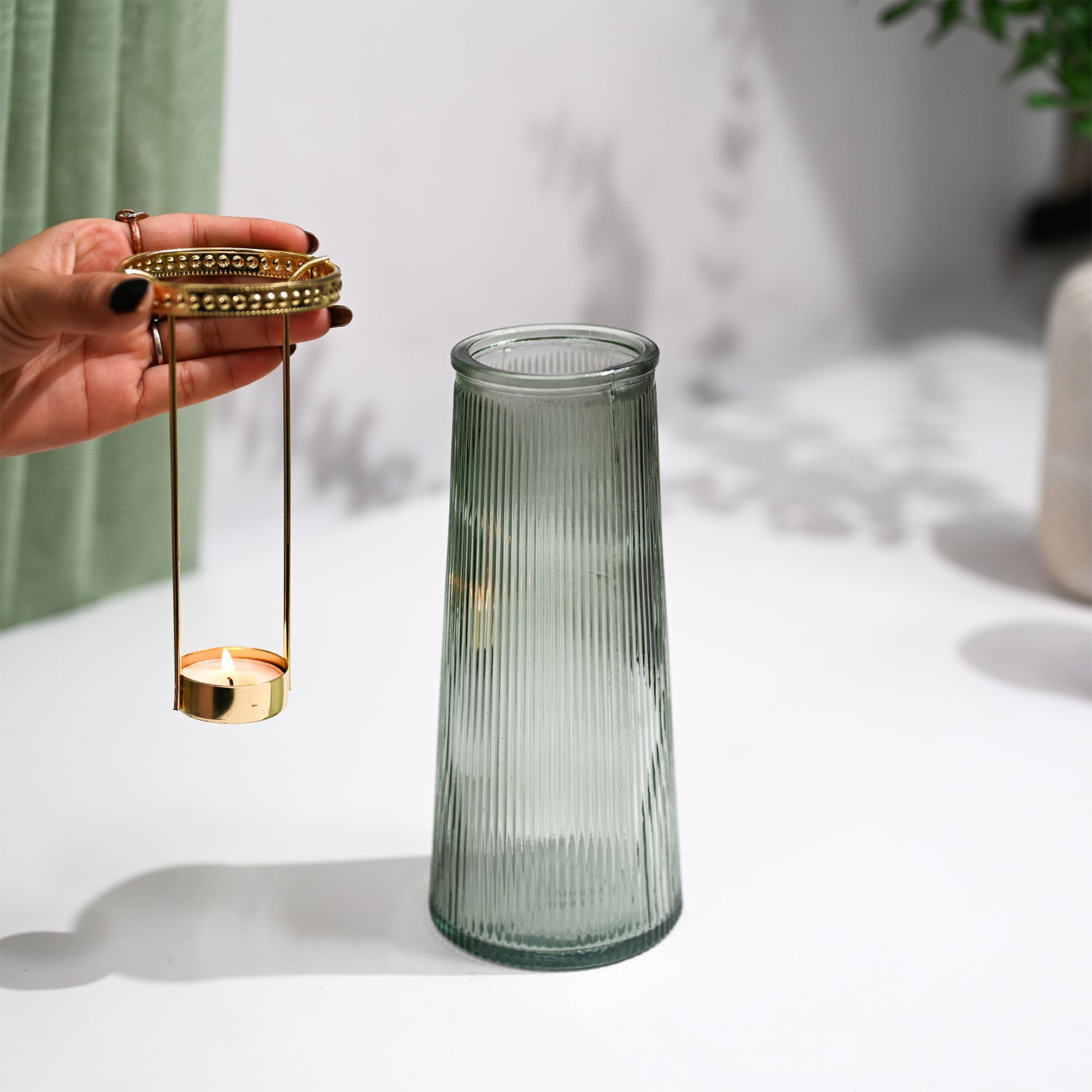 VON CASA Teal & Green Cone Glass T-Light Holder