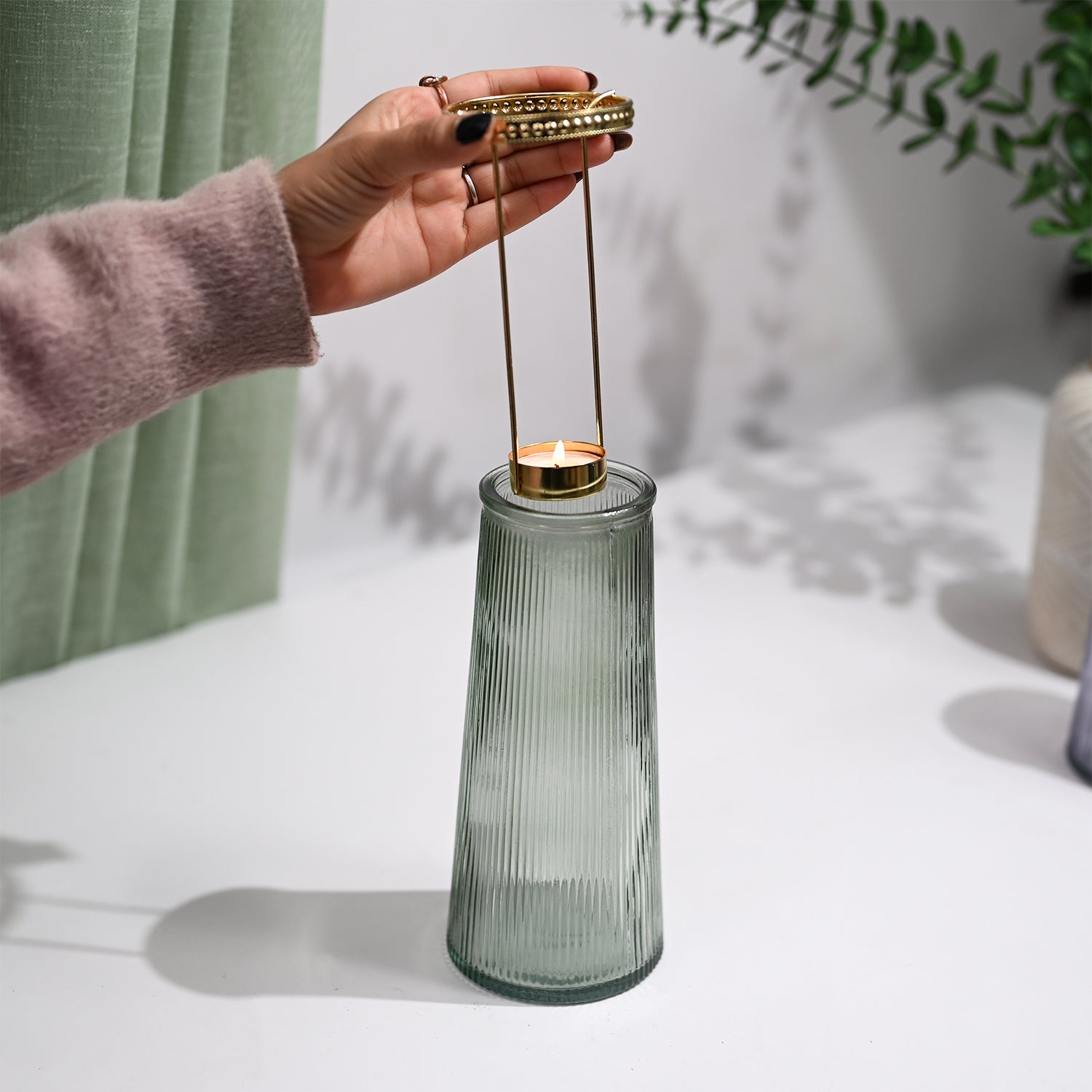 VON CASA Teal & Green Cone Glass T-Light Holder