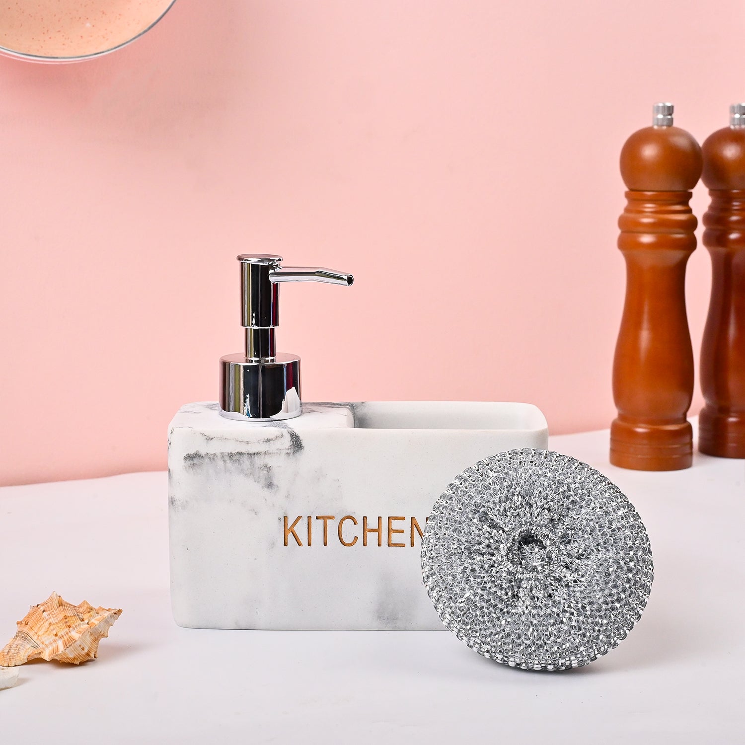VON CASA White Polyresin Soap Dispenser with Scrubber