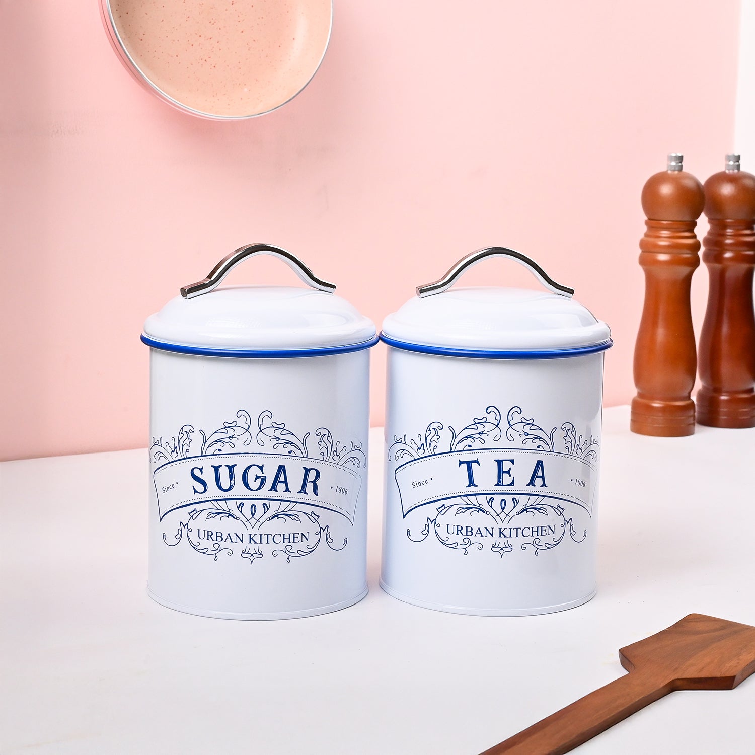 VON CASA White Iron Tea & Sugar Jar Set of 2