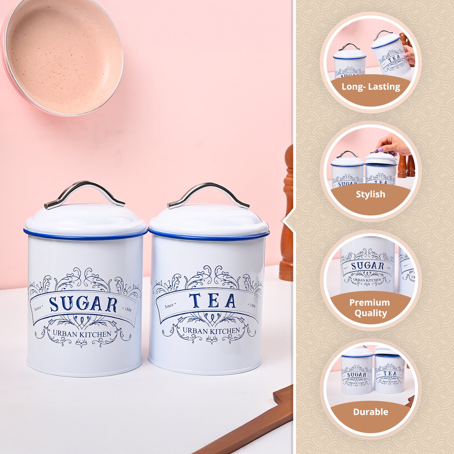 VON CASA White Iron Tea & Sugar Jar Set of 2