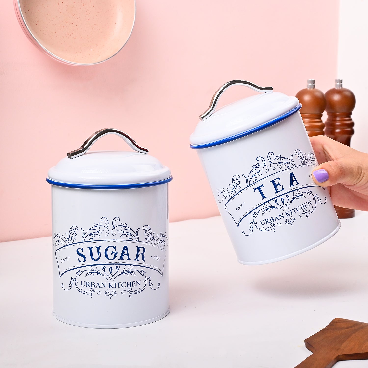 VON CASA White Iron Tea & Sugar Jar Set of 2