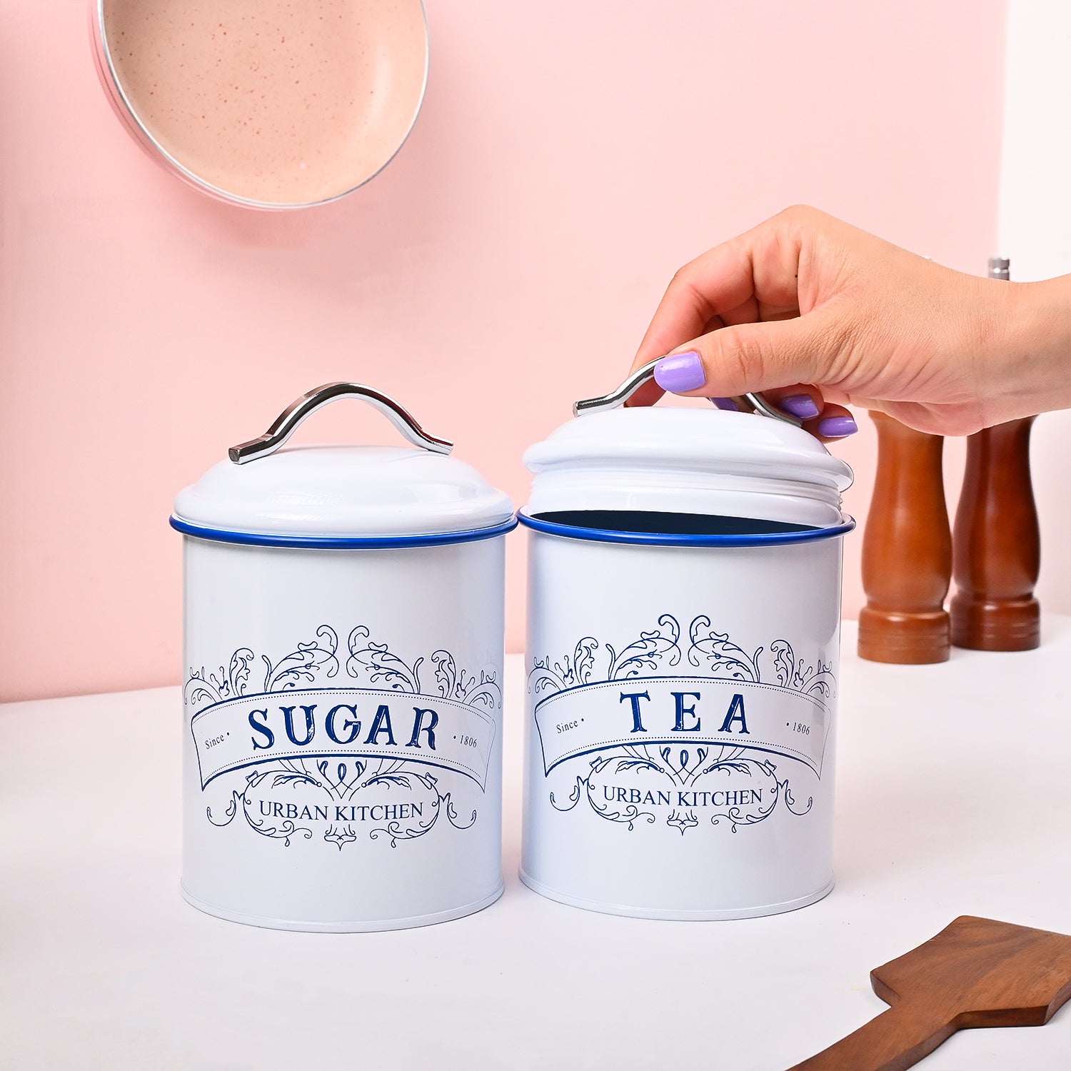 VON CASA White Iron Tea & Sugar Jar Set of 2