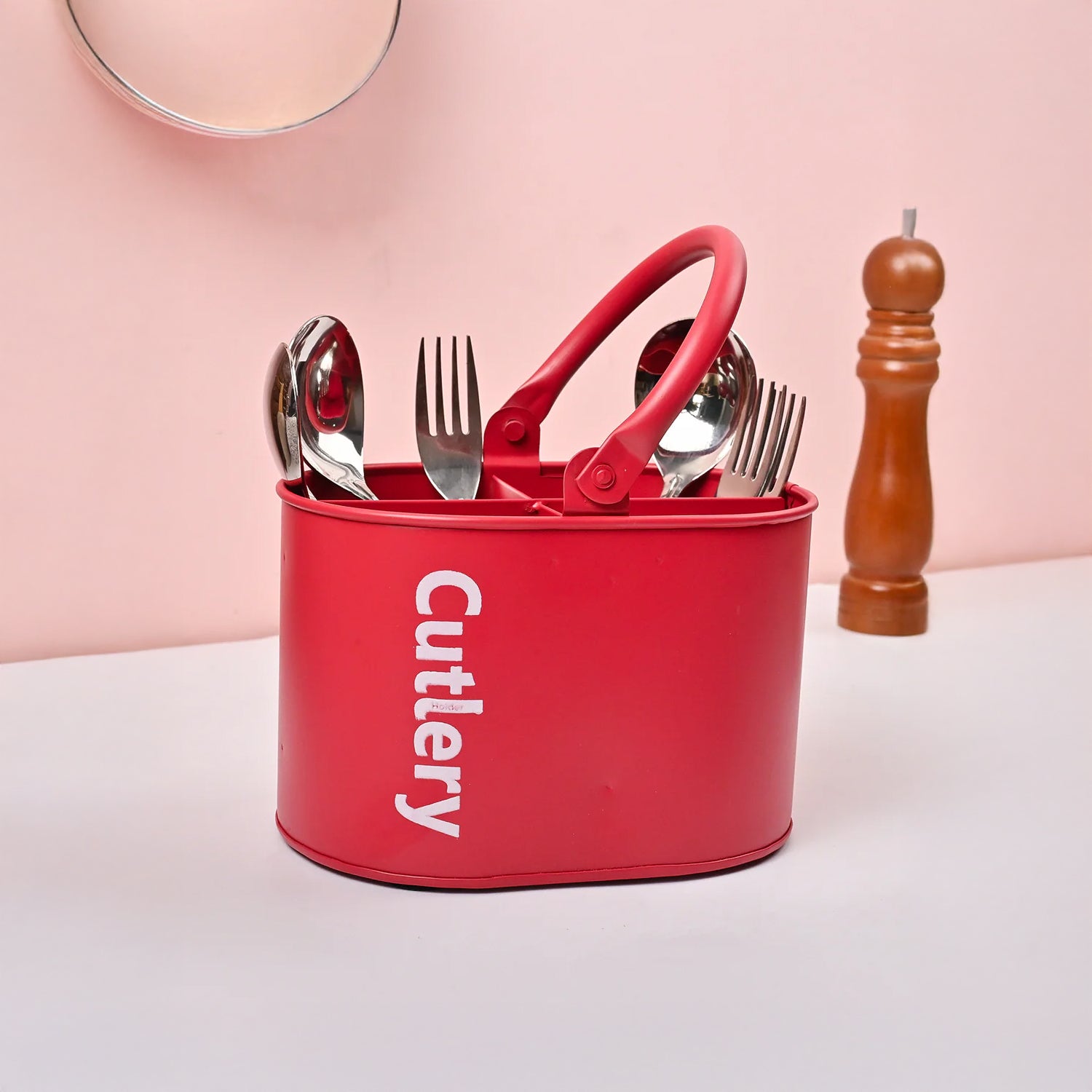 VON CASA Red Galvanized Iron Cutlery Holder – Matte Finish