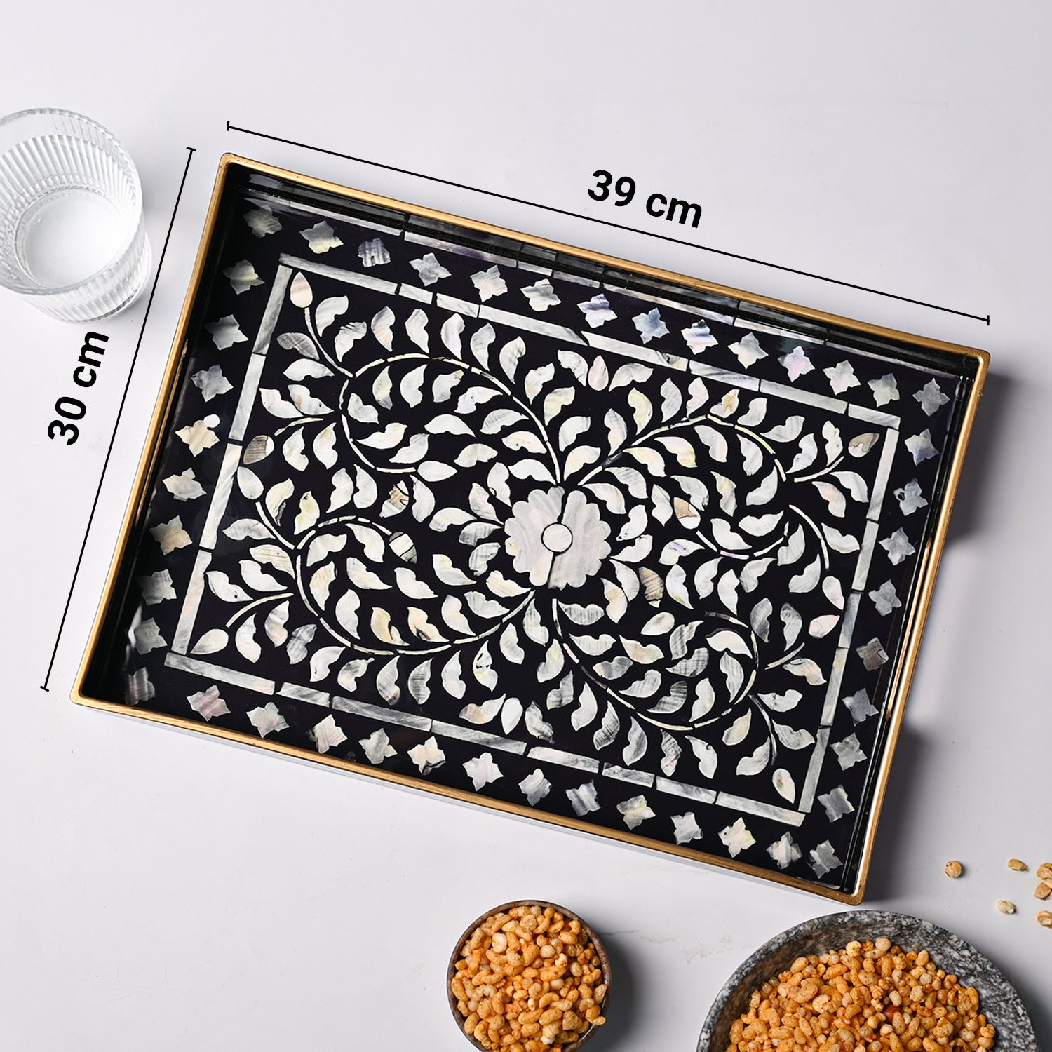 VON CASA Black & White Large Floral Print Serving Tray