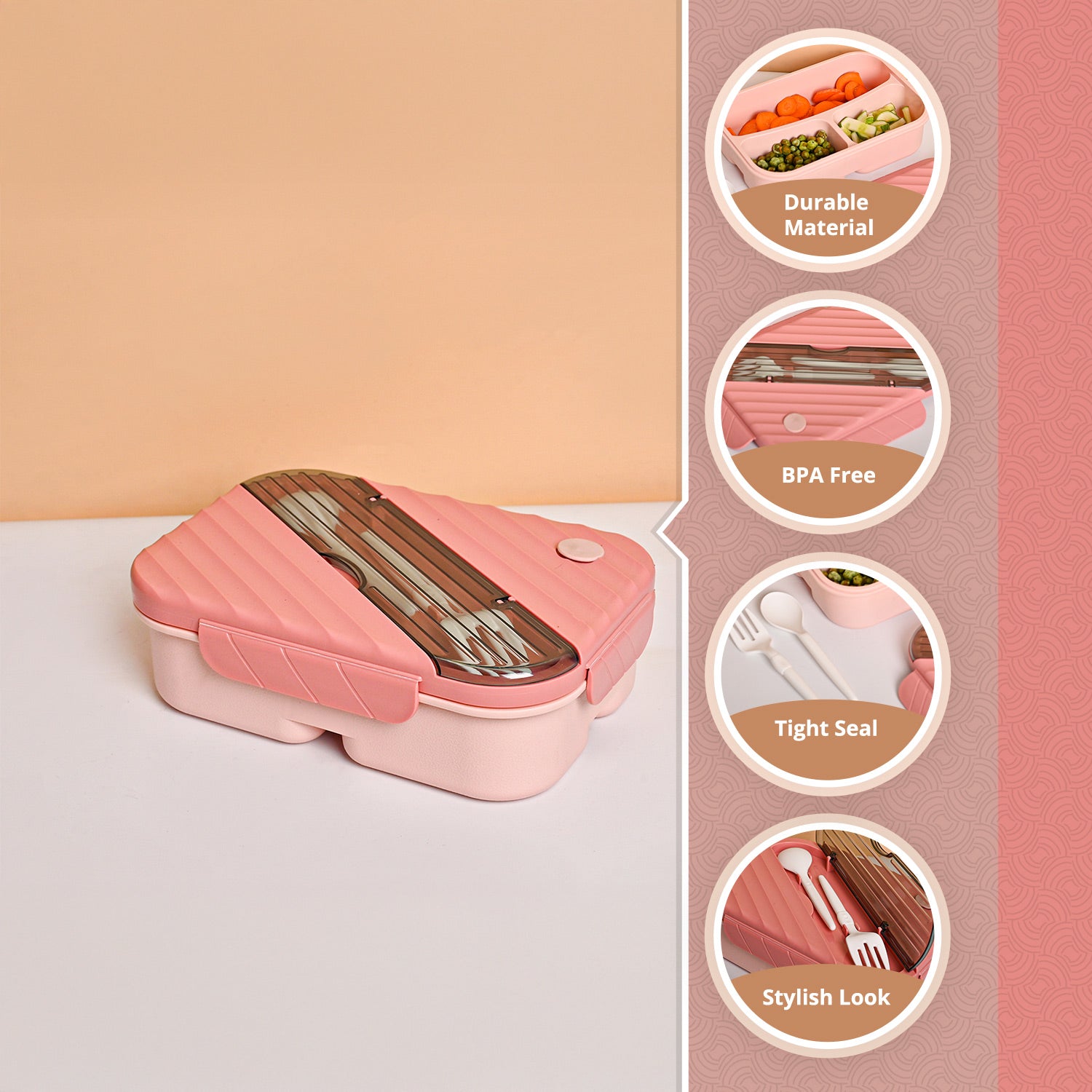 VON CASA Pink Plastic Lunch Box with Spoon Fork