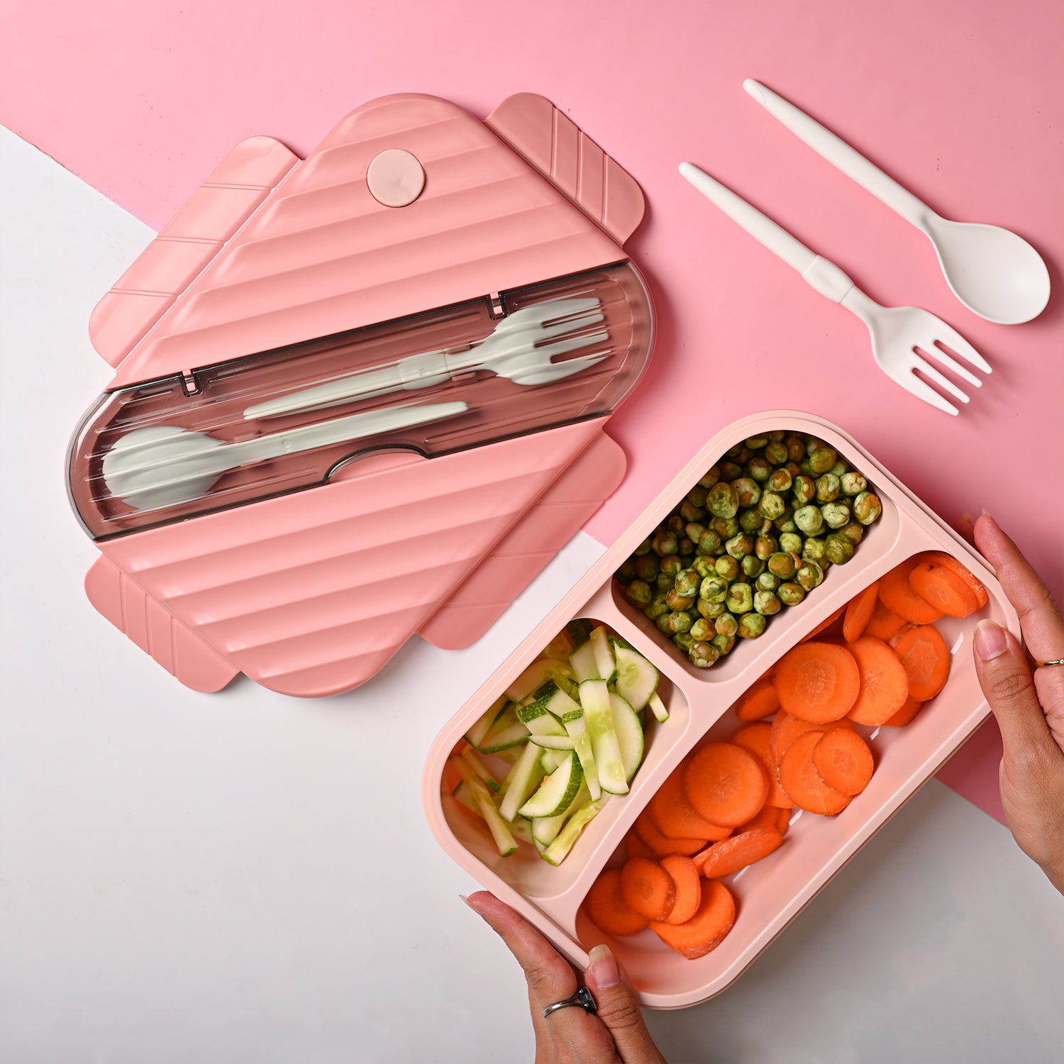 VON CASA Pink Plastic Lunch Box with Spoon Fork