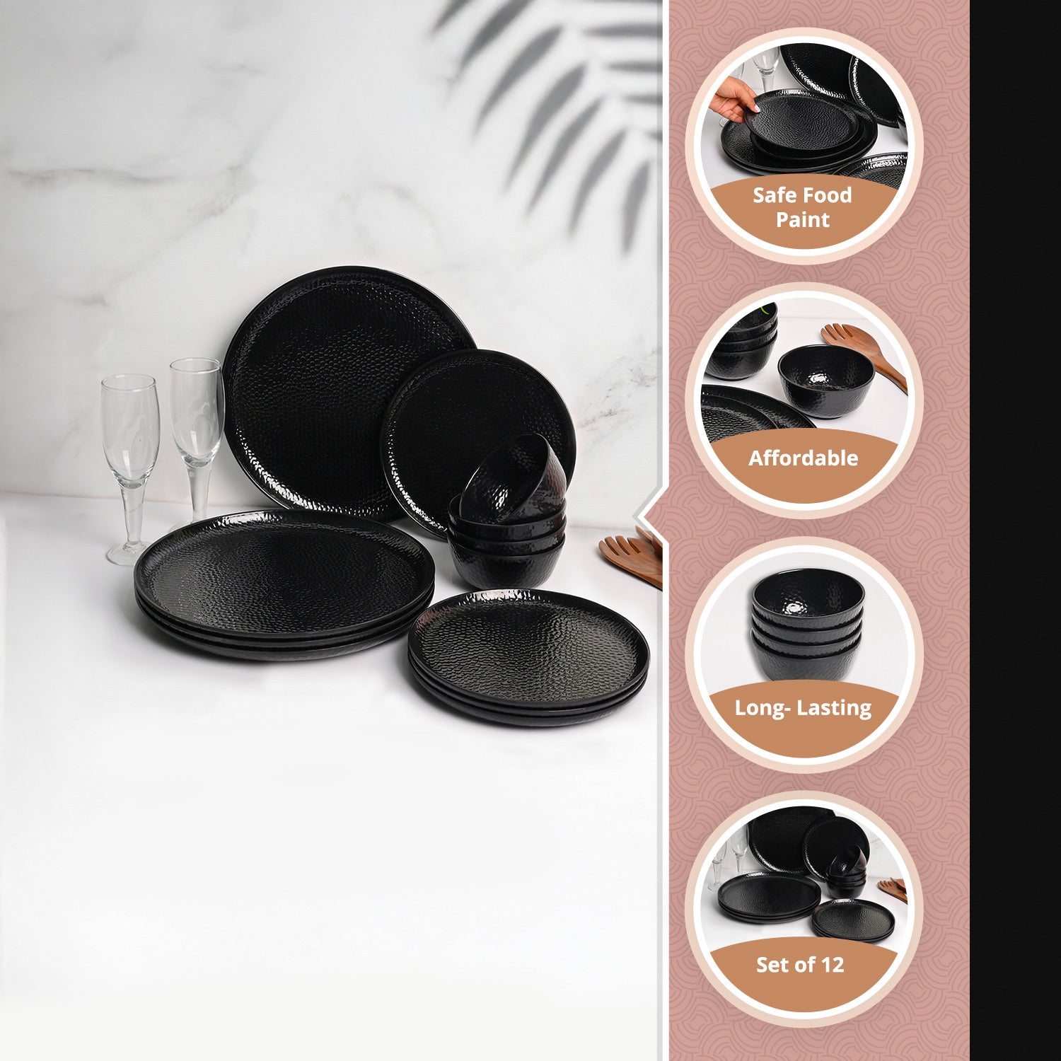 Black Hammered Melamine Dinner Set – 12 Pcs