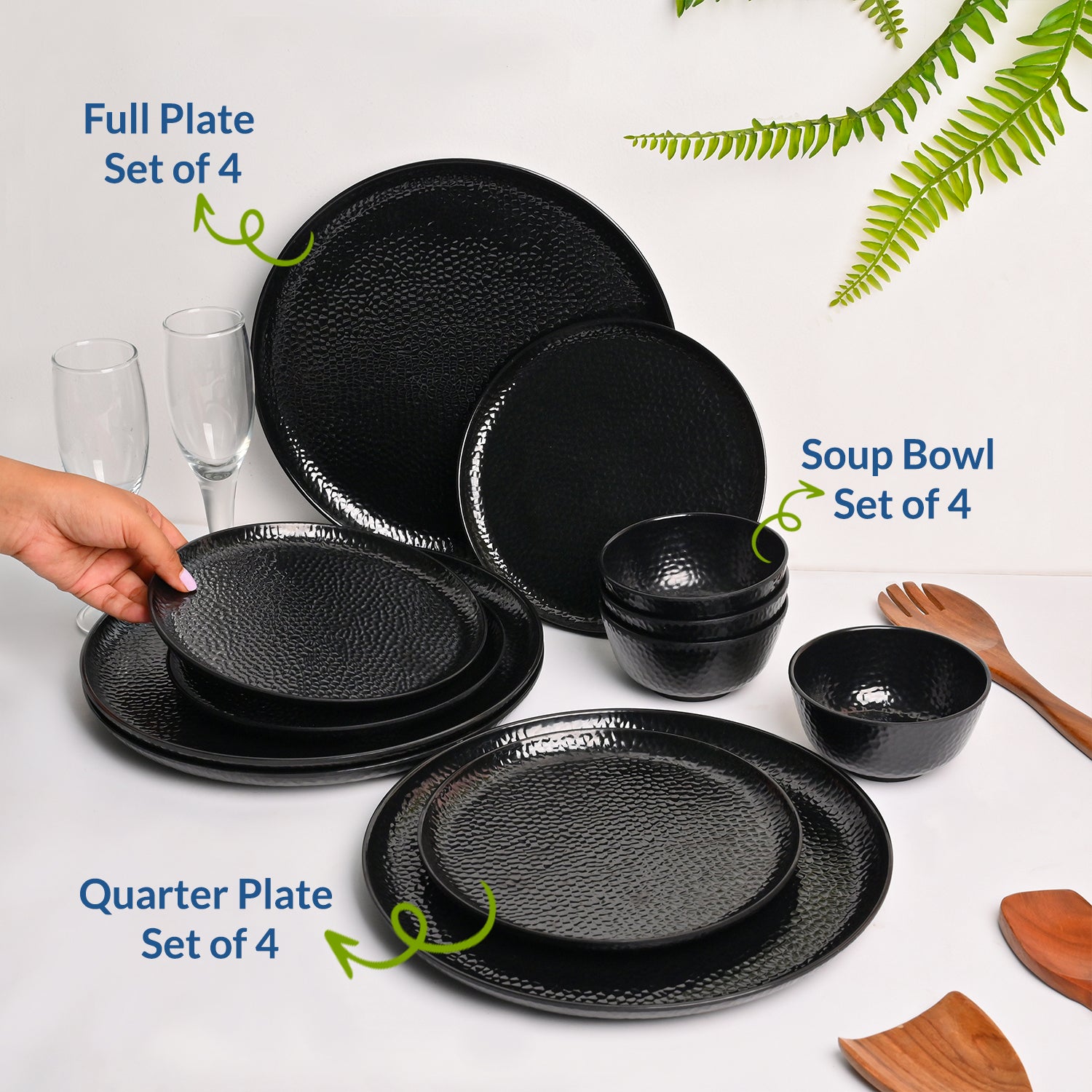 Black Hammered Melamine Dinner Set – 12 Pcs
