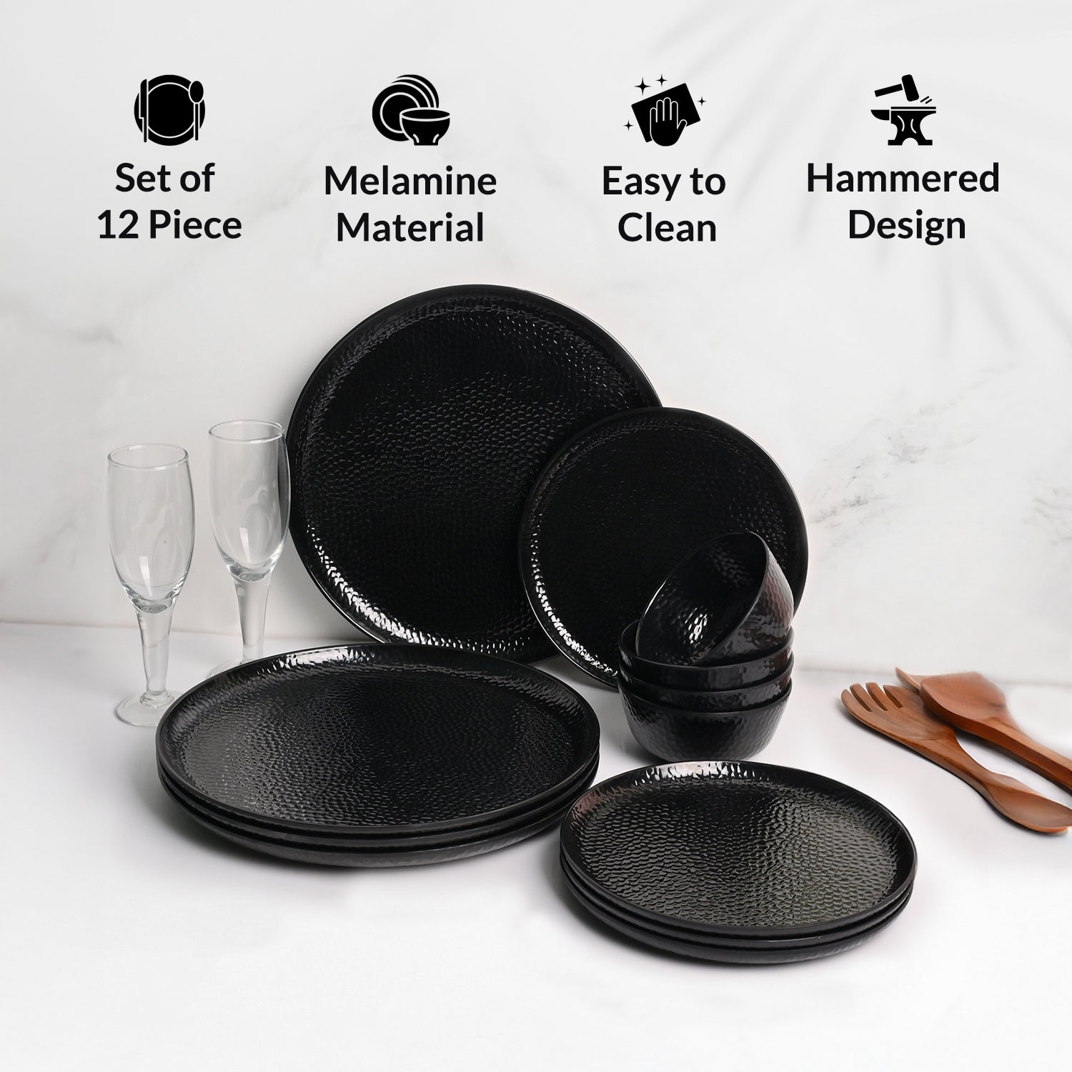 Black Hammered Melamine Dinner Set – 12 Pcs