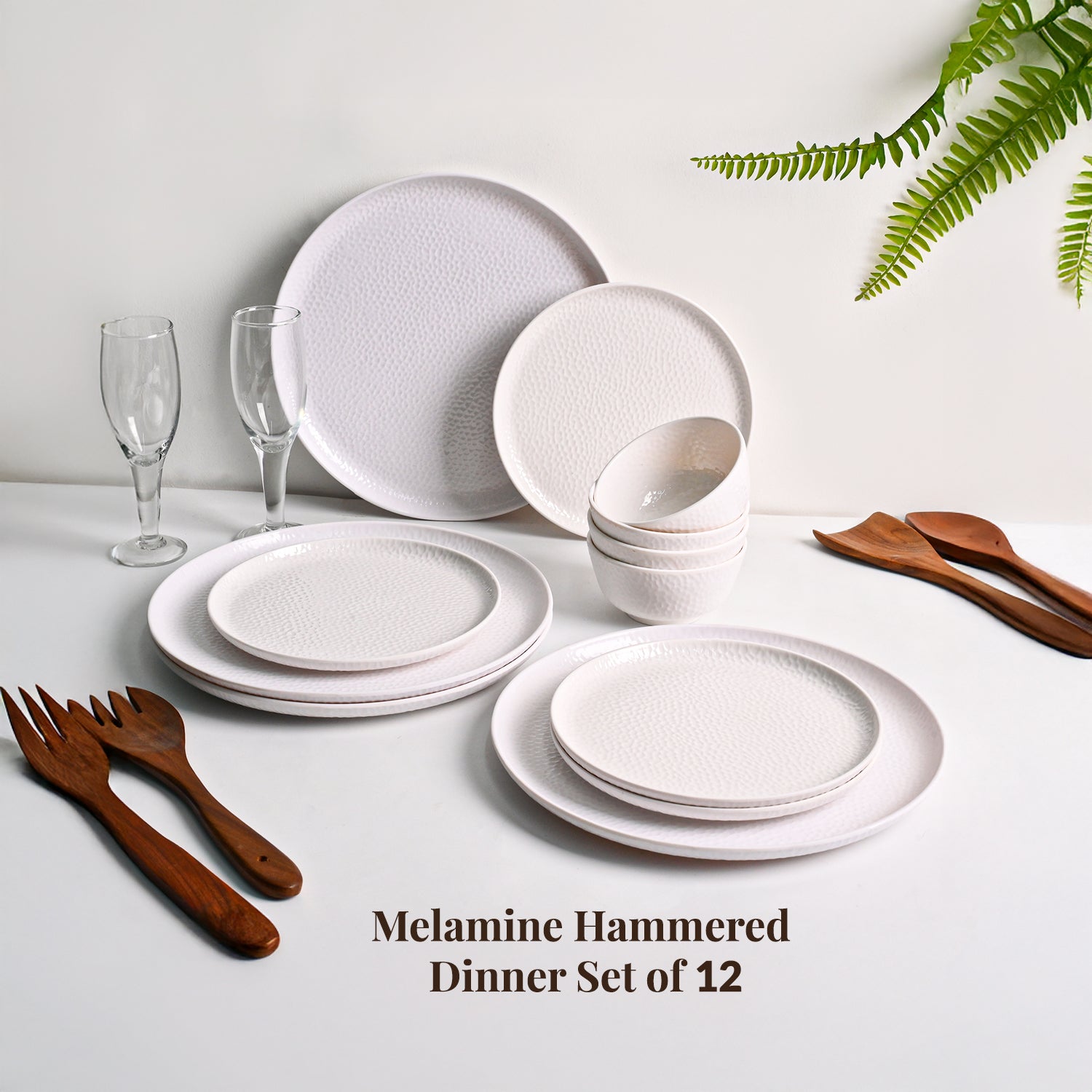 MARKET99 White Hammered Melamine Dinner Set – 12 Pcs