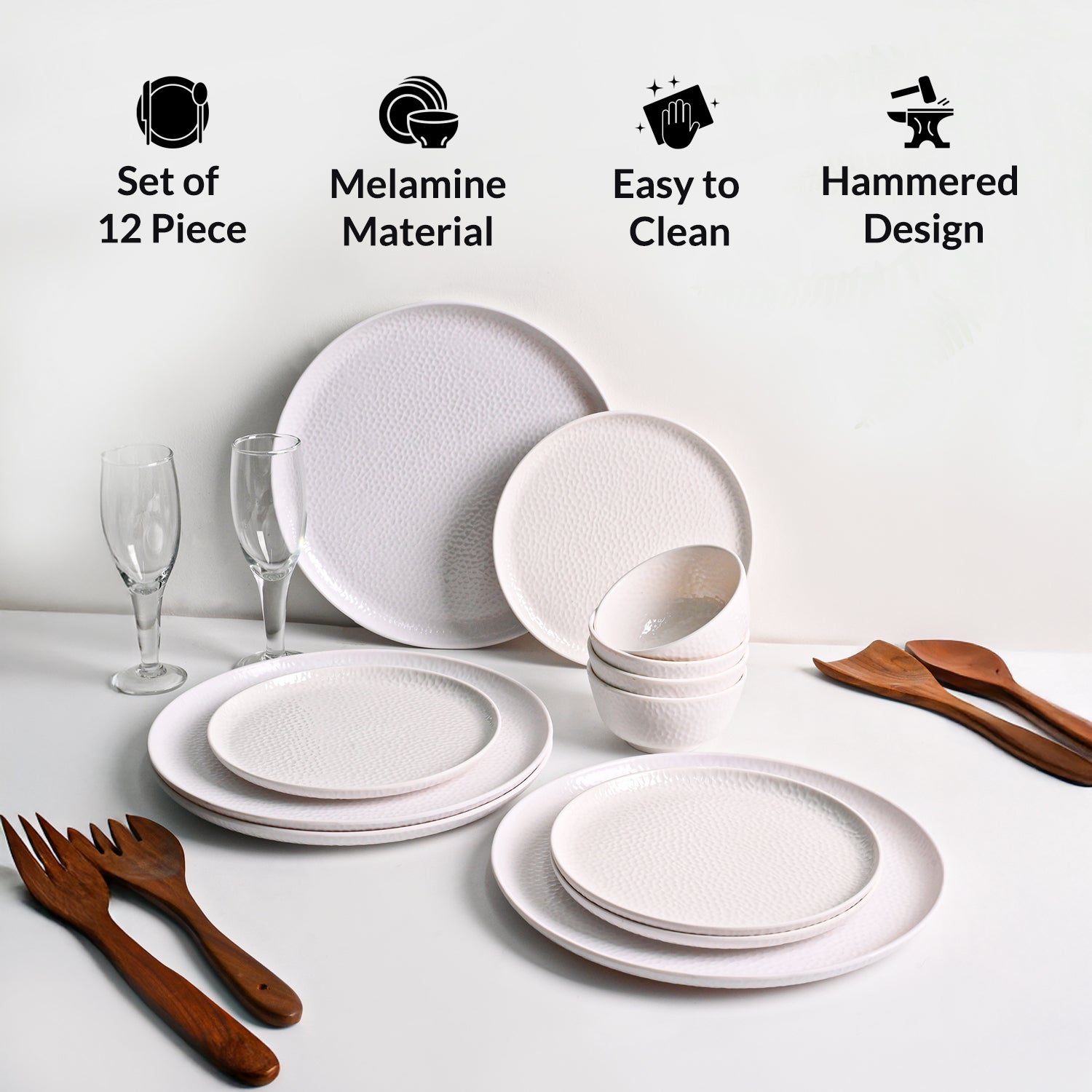 White Hammered Melamine Dinner Set – 12 Pcs