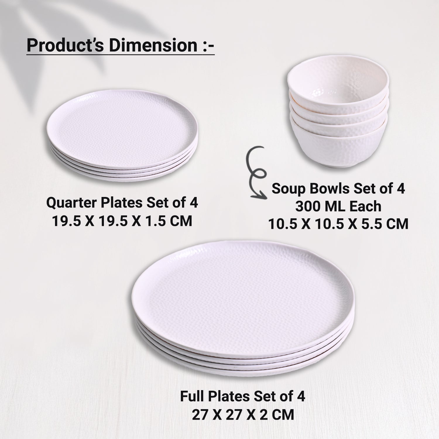 White Hammered Melamine Dinner Set – 12 Pcs