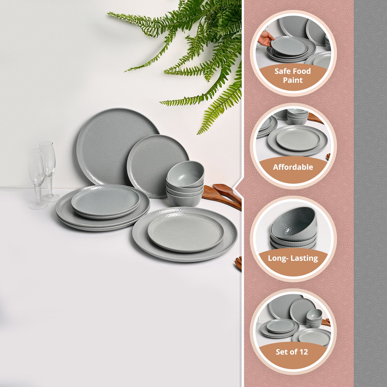 Grey Hammered Melamine Dinner Set – 12 Pcs