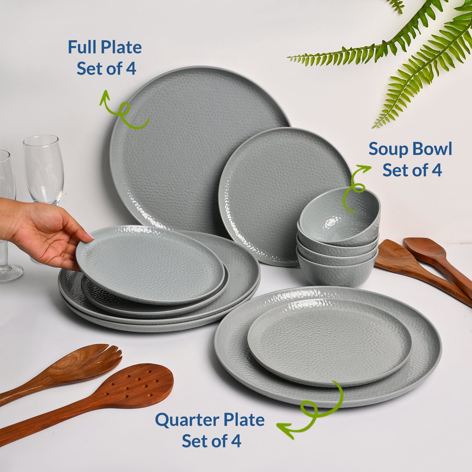 Grey Hammered Melamine Dinner Set – 12 Pcs