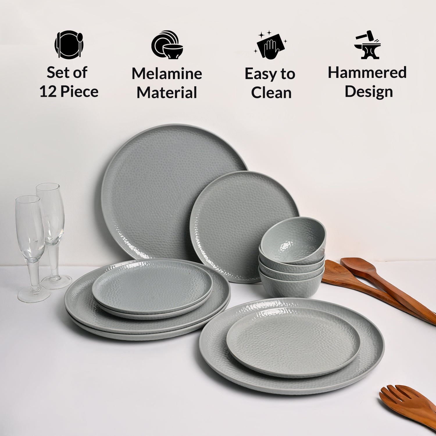Grey Hammered Melamine Dinner Set – 12 Pcs