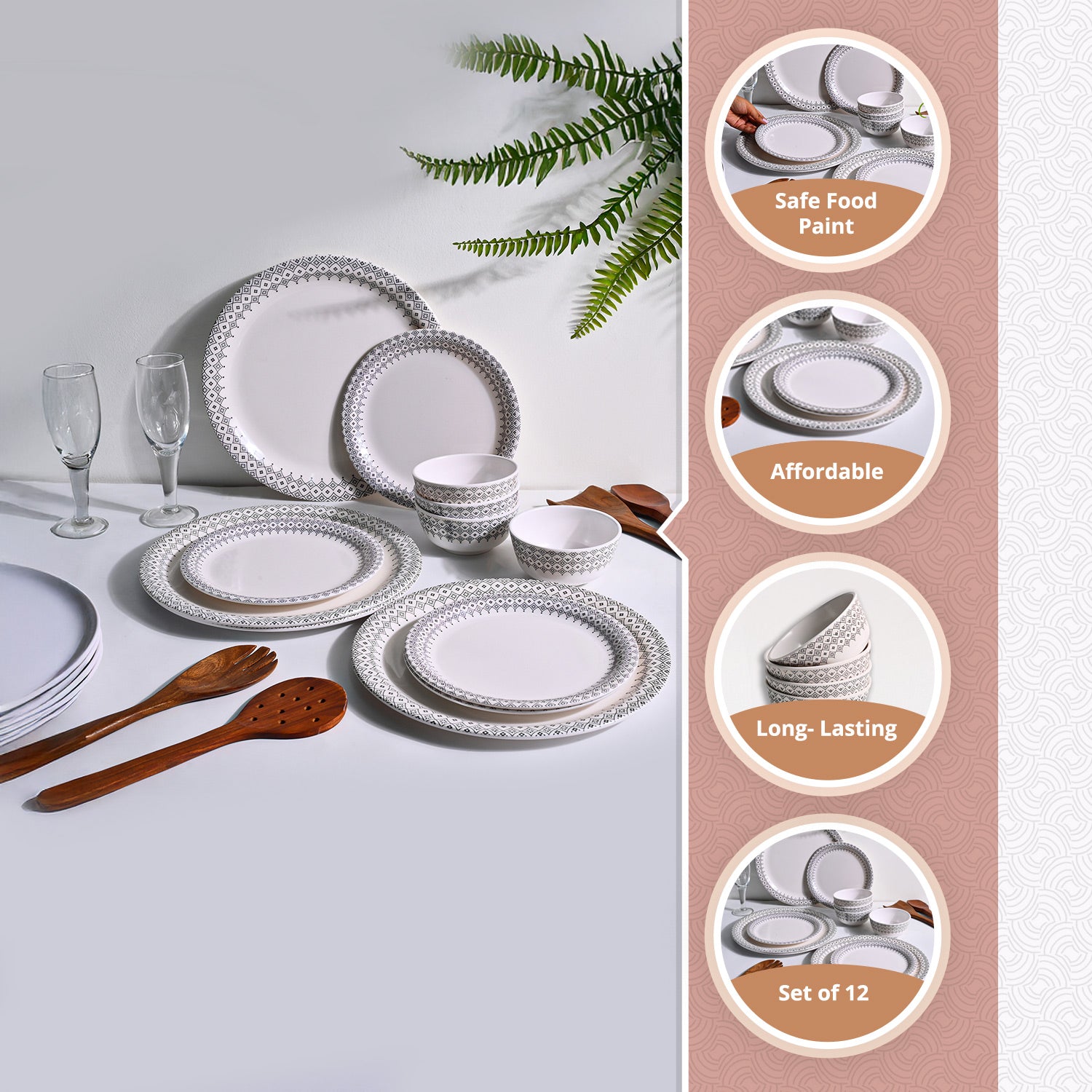 White Morrocone Hammered Melamine Dinner Set – 12 Pcs