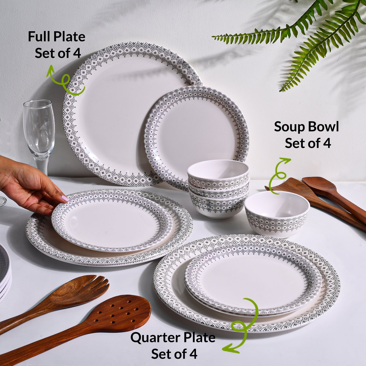 White Morrocone Hammered Melamine Dinner Set – 12 Pcs