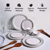 White Morrocone Hammered Melamine Dinner Set – 12 Pcs