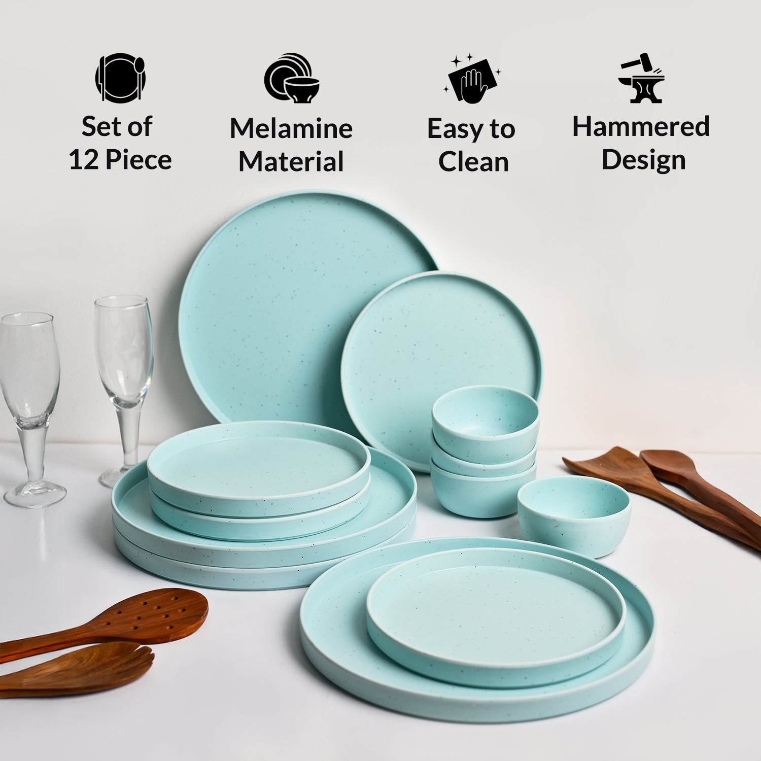 Minto Blue Sparkle Melamine Dinner Set – 12 Pcs
