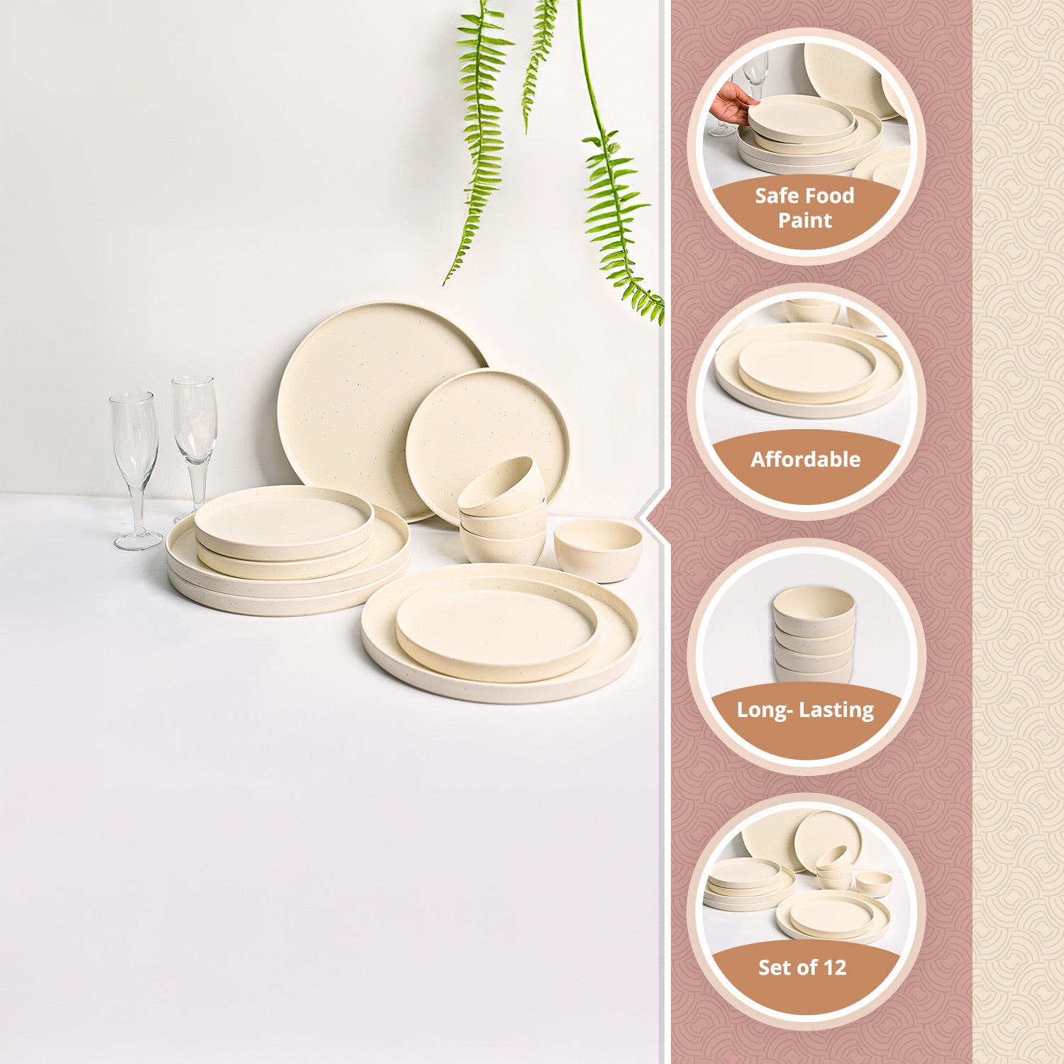 Minto Cream Sparkle Melamine Dinner Set – 12 Pcs