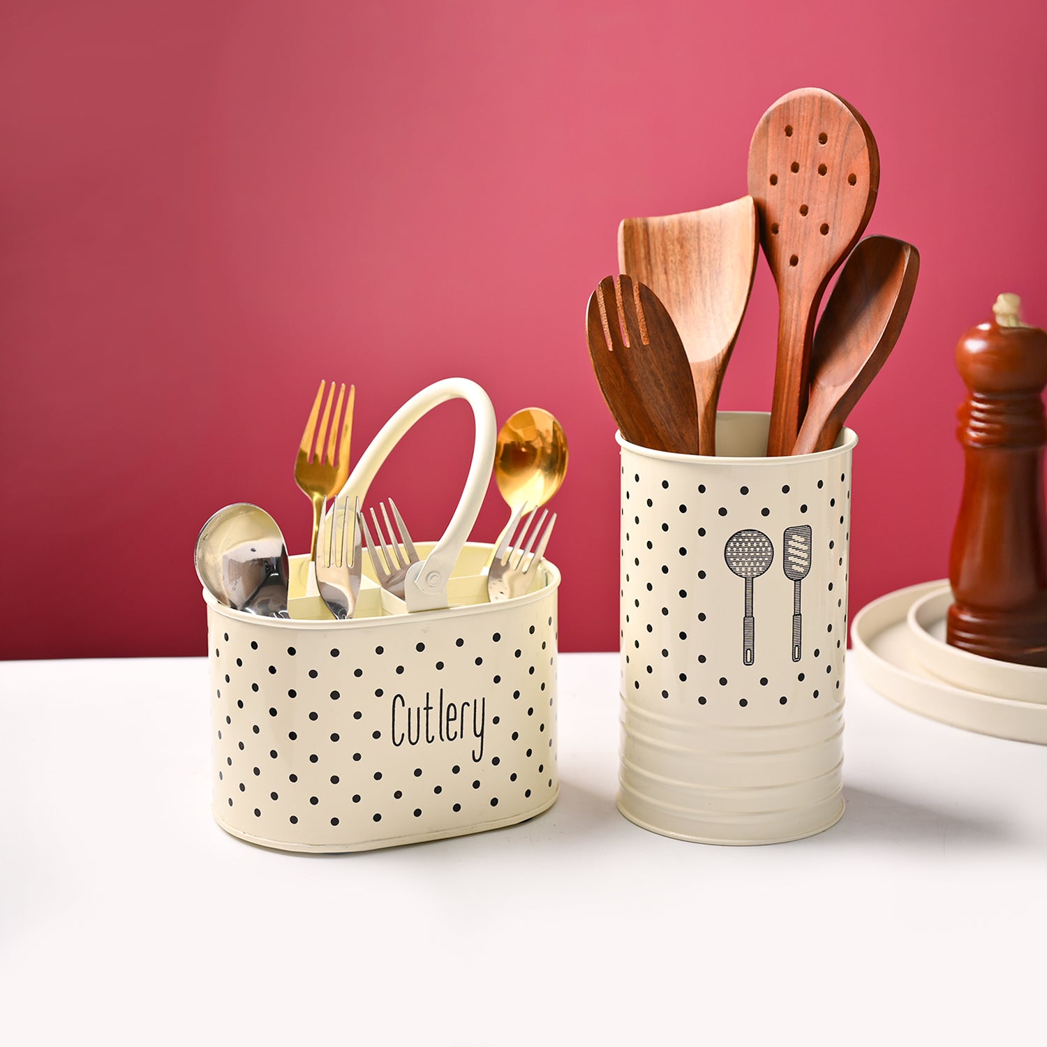 Cutlery & Ladle Holder Set – Ivory | Polka Dot Print, Glossy Finish