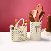Cutlery & Ladle Holder Set – Ivory | Polka Dot Print, Glossy Finish