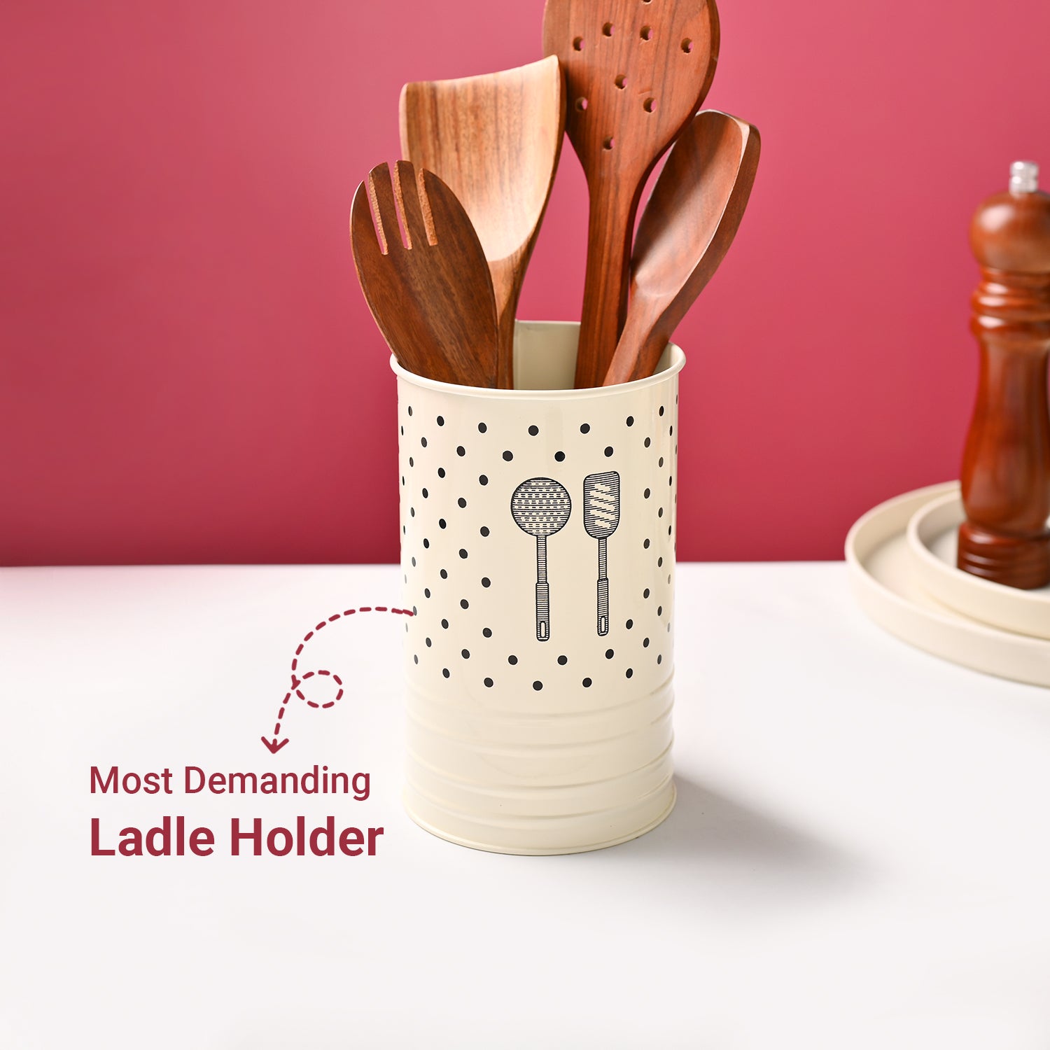 Cutlery & Ladle Holder Set – Ivory | Polka Dot Print, Glossy Finish