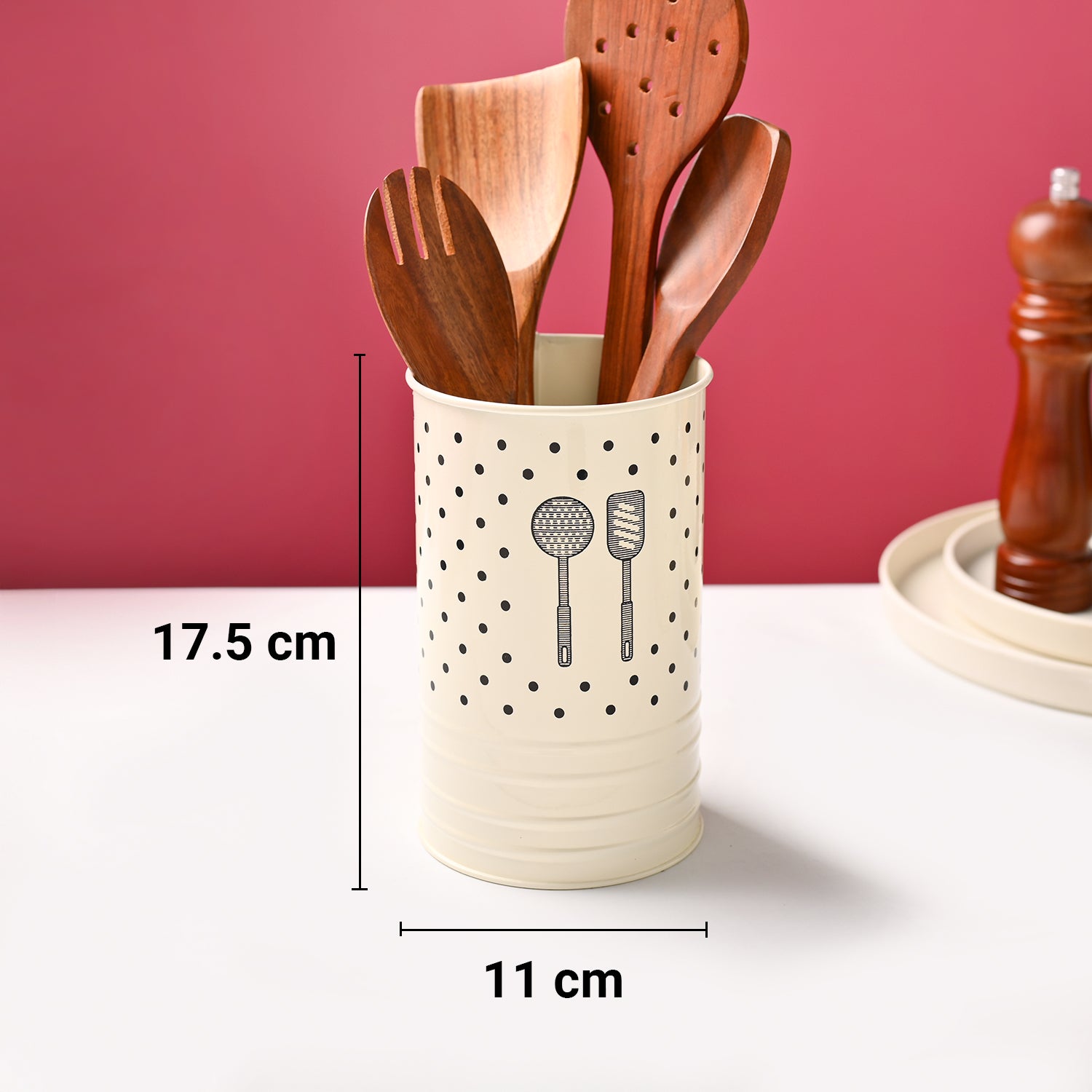Cutlery & Ladle Holder Set – Ivory | Polka Dot Print, Glossy Finish