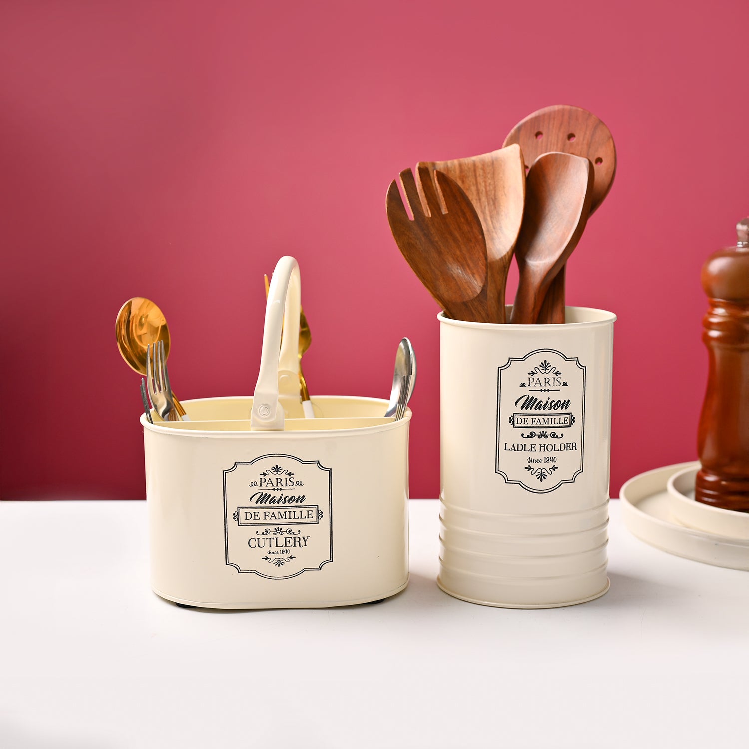 Cutlery & Ladle Holder Set – Ivory | Plain Design, Glossy Finish