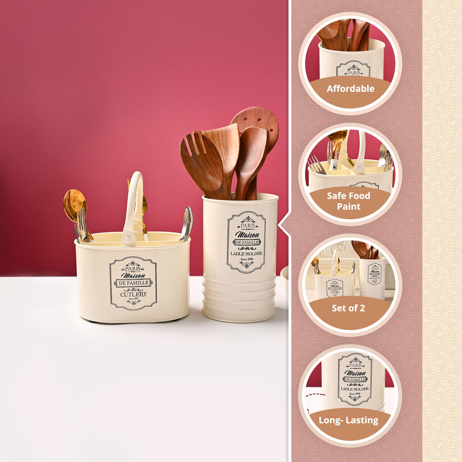 Cutlery & Ladle Holder Set – Ivory | Plain Design, Glossy Finish