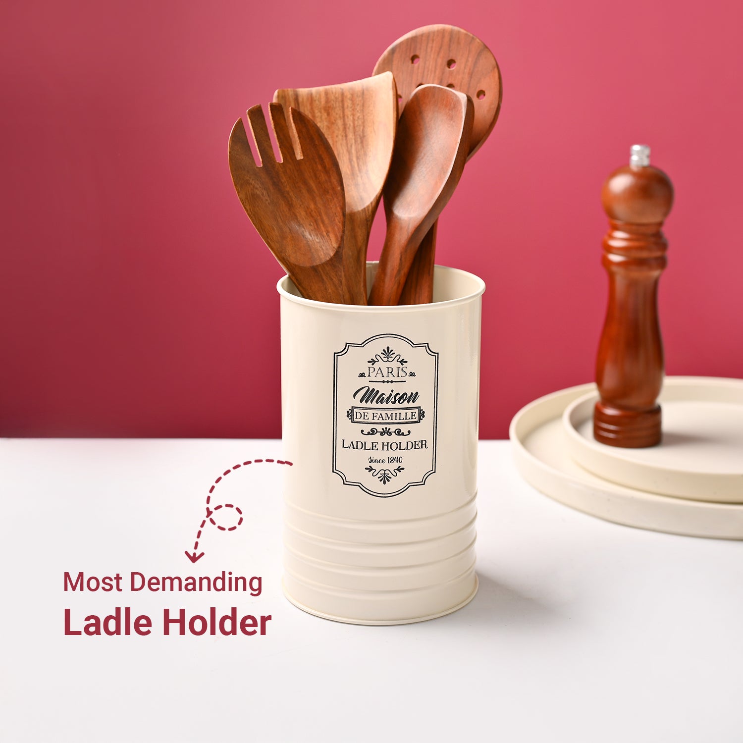Cutlery & Ladle Holder Set – Ivory | Plain Design, Glossy Finish