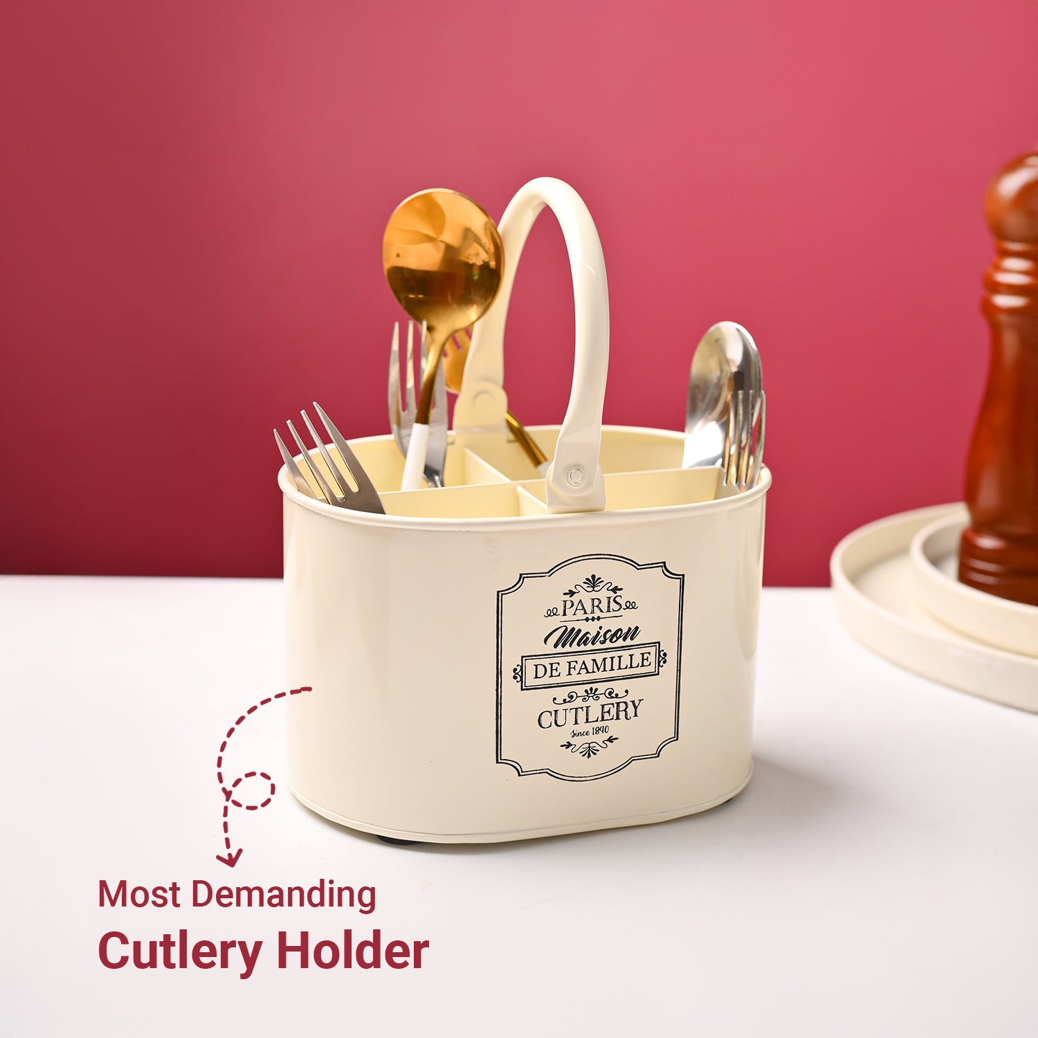 Cutlery & Ladle Holder Set – Ivory | Plain Design, Glossy Finish