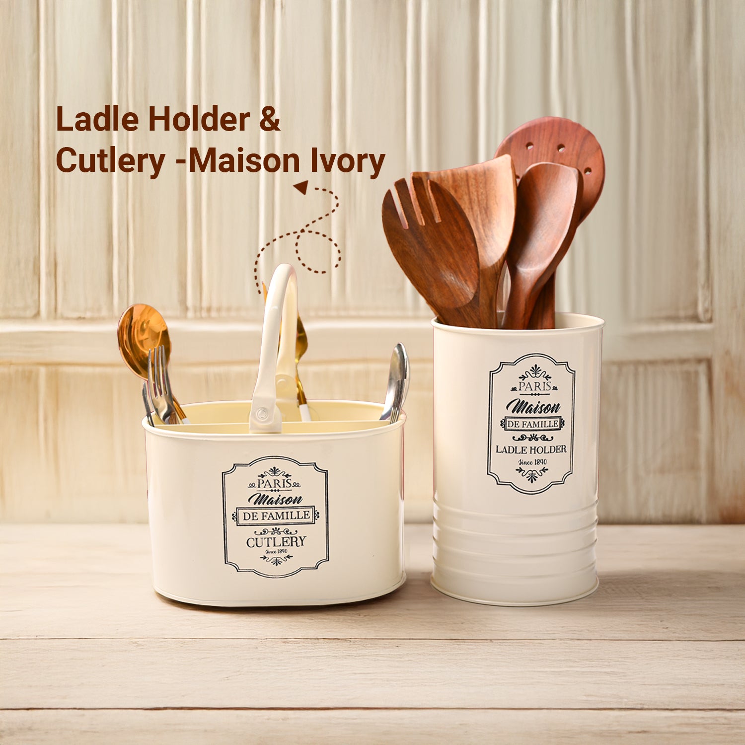 Cutlery & Ladle Holder Set – Ivory | Plain Design, Glossy Finish