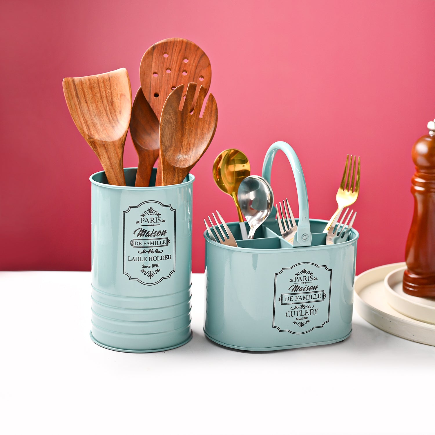 Cutlery & Ladle Holder Set – Green | Plain Design, Glossy Finish